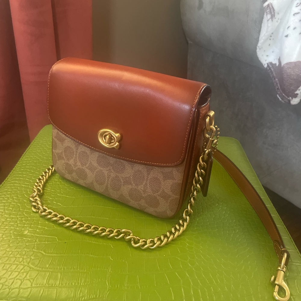 Coach Signature Brown and Tan Crossbody Bag with Gold Chain